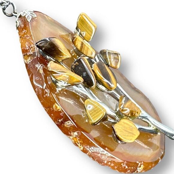 Large Stone Pendant Slice Agate with Flower Tiger’s Eye Silverstone Chain - Picture 5 of 7